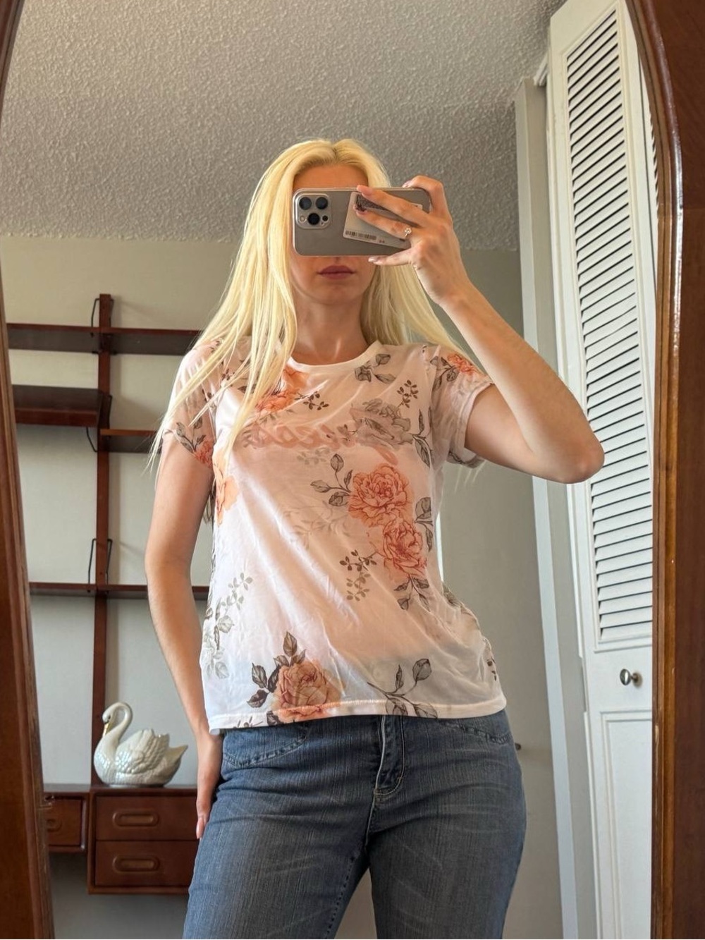 Guess Floral Short-Sleeve Tee in Light Pink and Peach